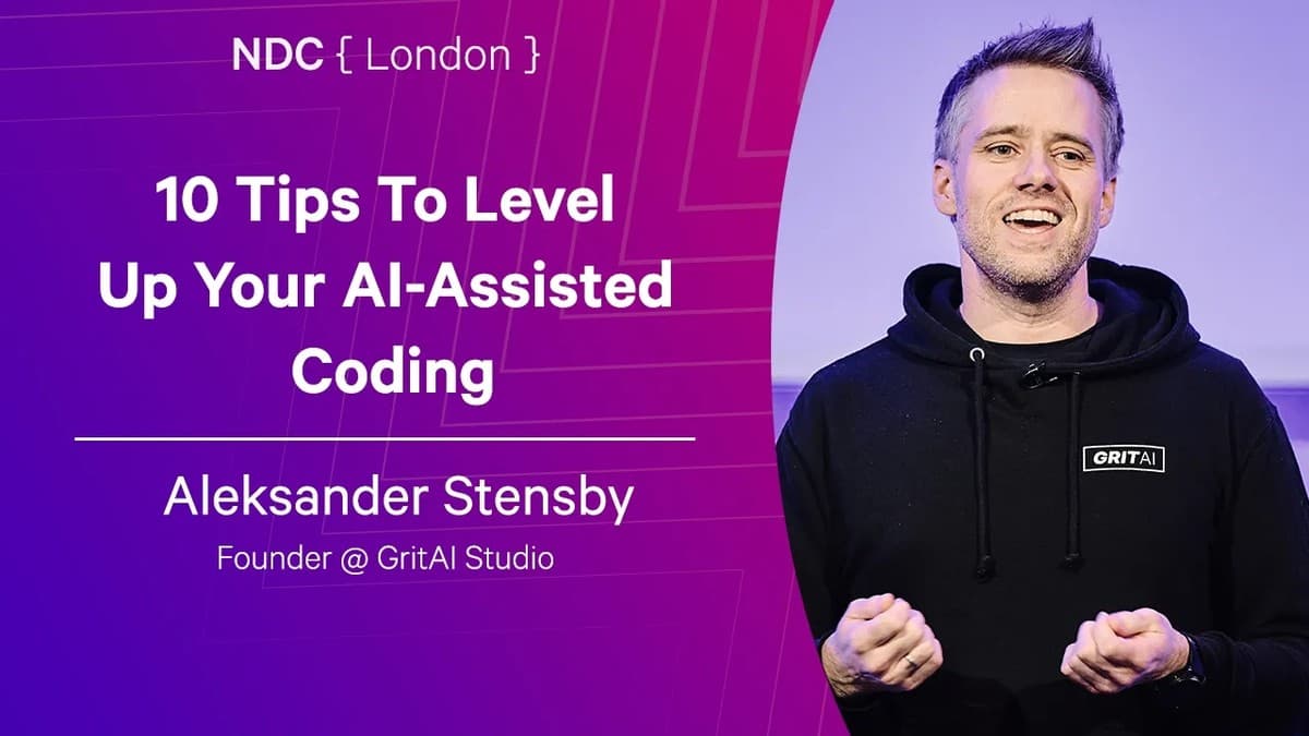 Aleksander Stensby presenting 10 tips for AI-assisted coding at NDC London 2026
